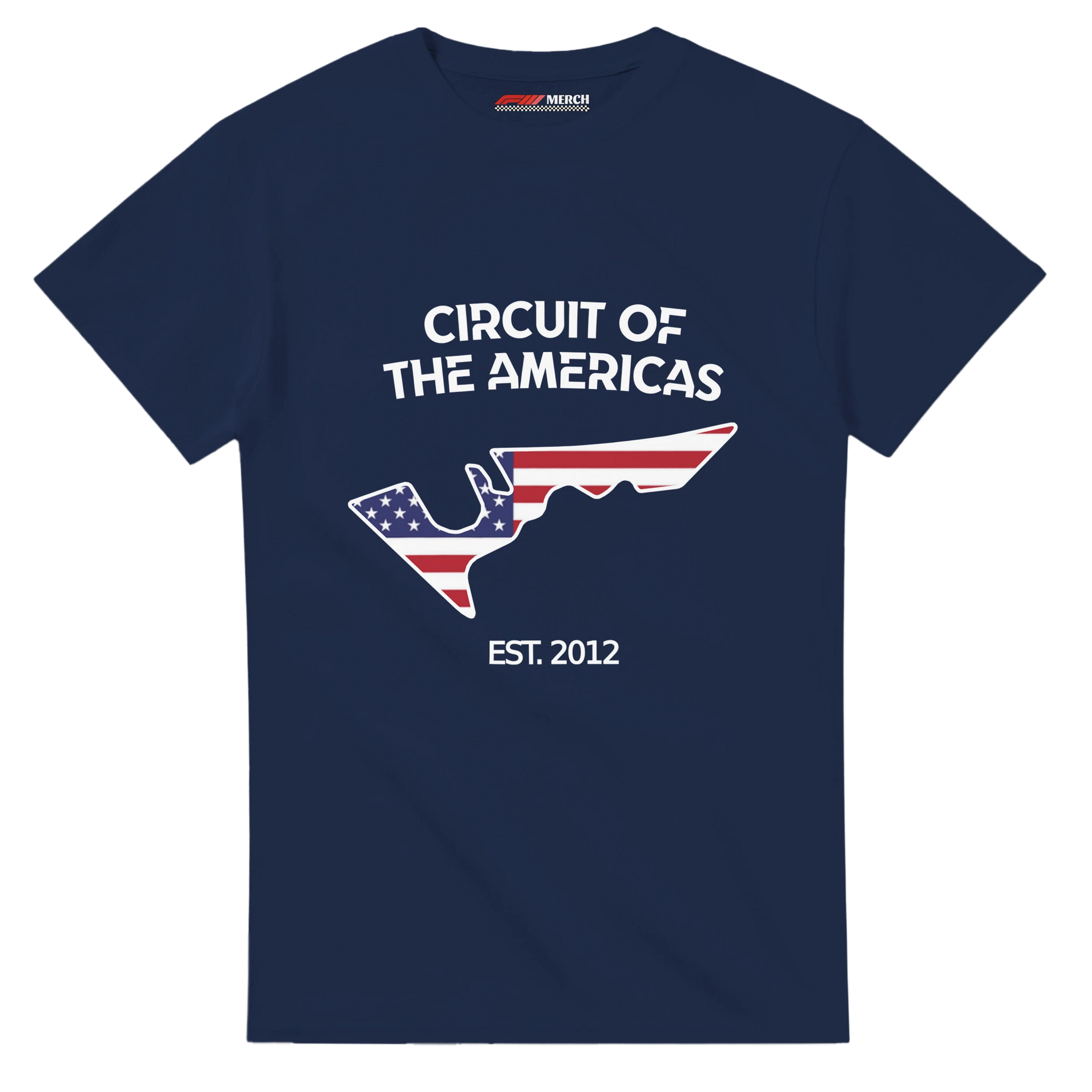 f111 merch navy color t-shirt1 with circuit-of-the-americas branding.