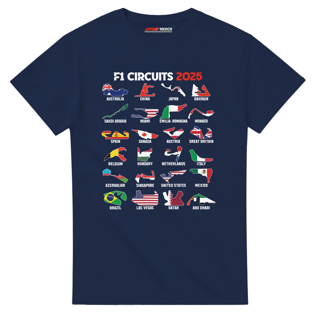 f111 merch navy color t-shirt1 with f1-circuits-2025-v2 branding.