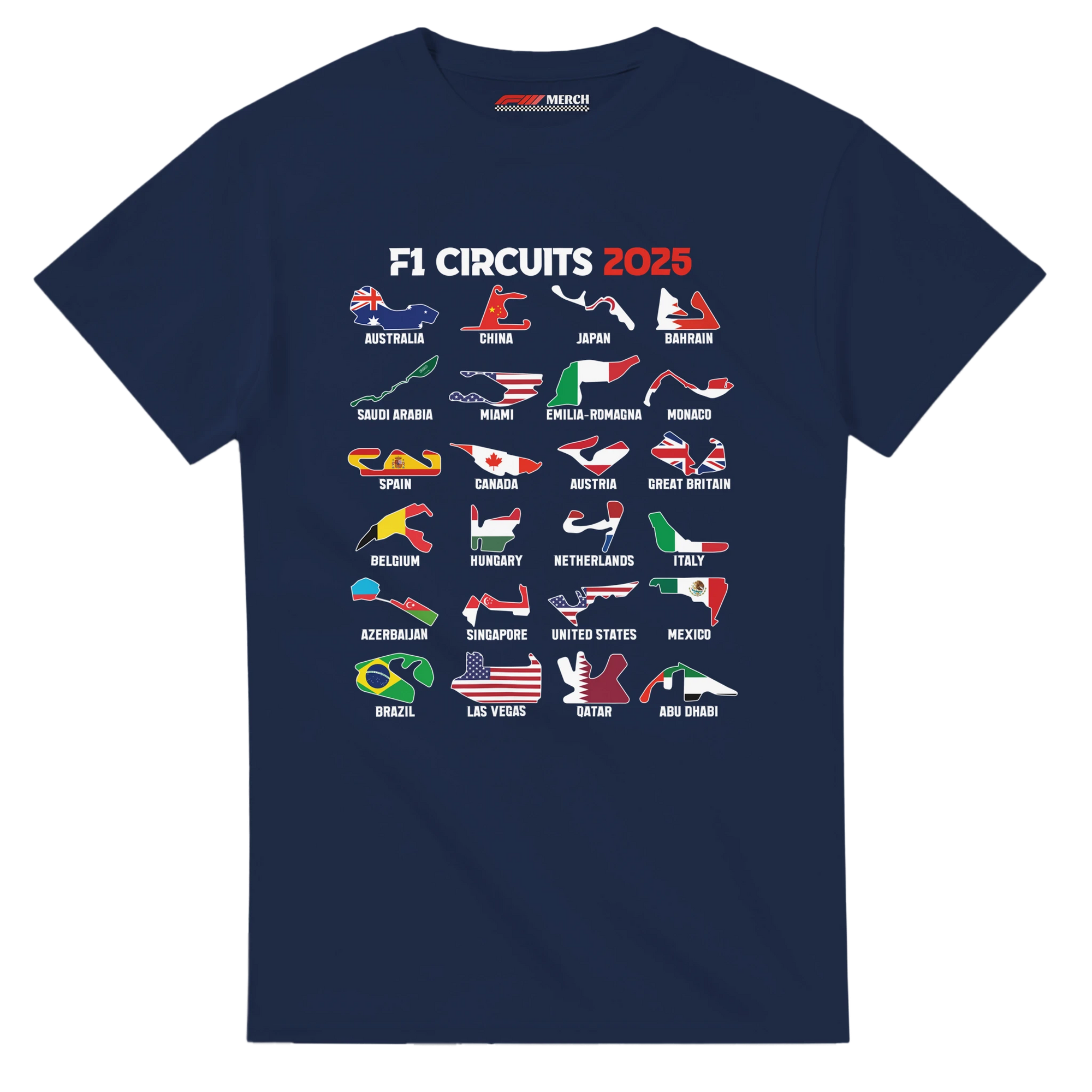 f111 merch navy color t-shirt1 with f1-circuits-2025-v2 branding.