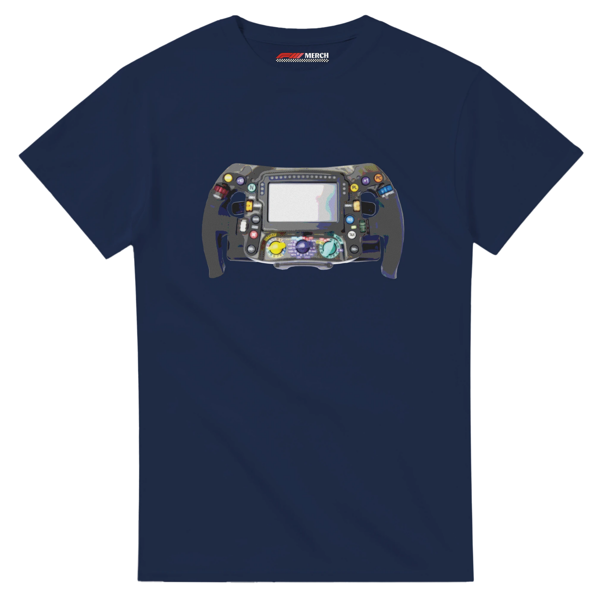 f111 merch navy color t-shirt1 with f1-steering-wheel branding.