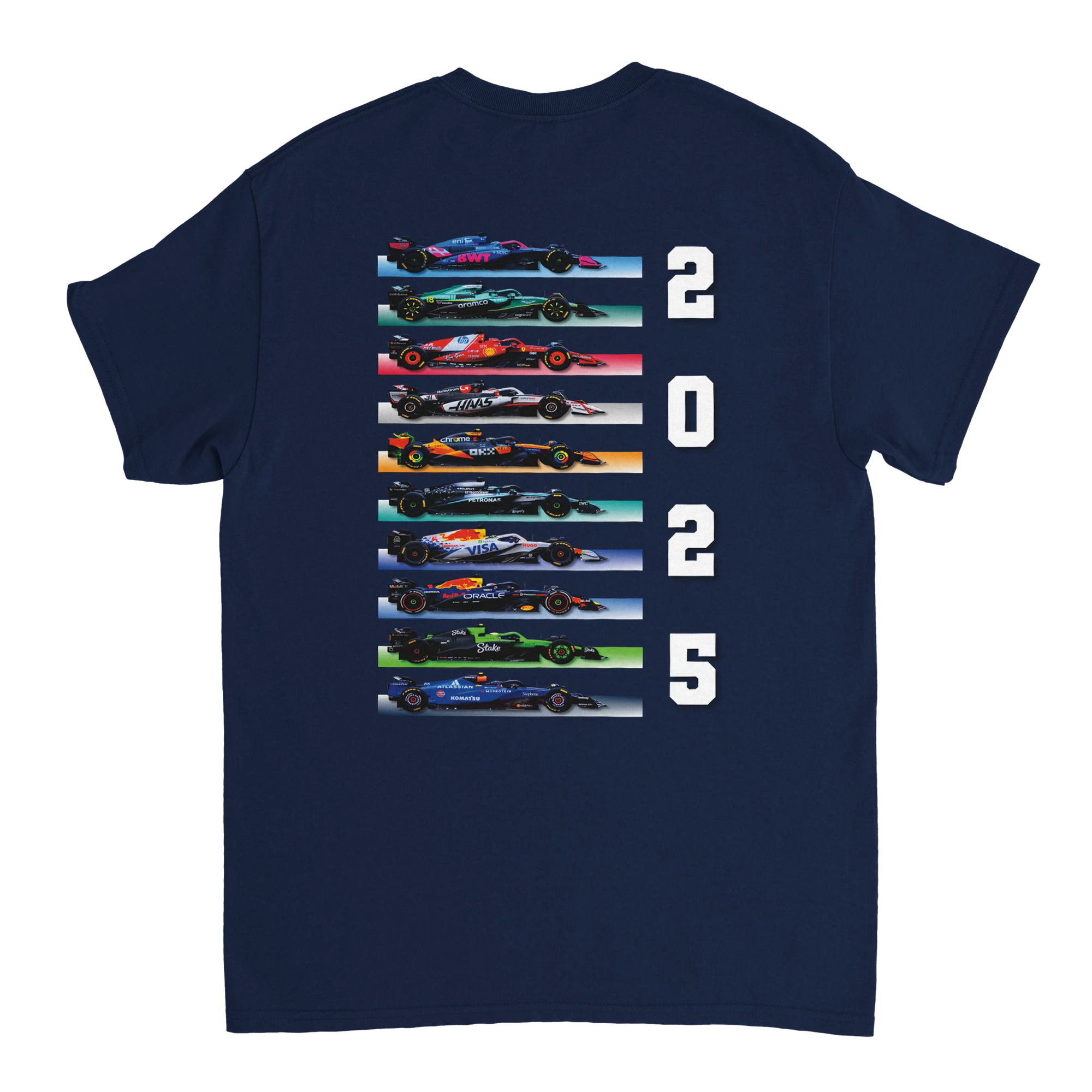 f111 merch navy color t-shirt1 with f1-teams-2025 branding.