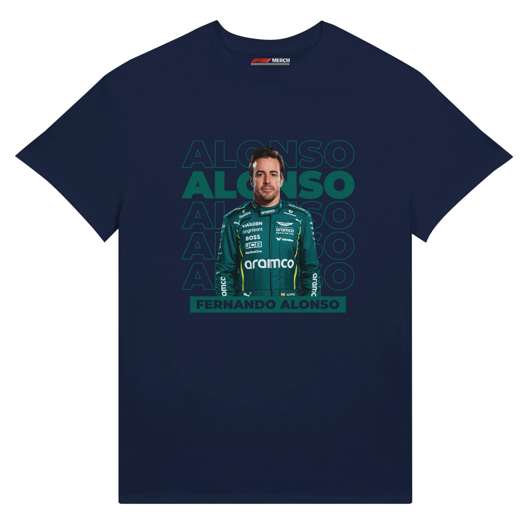 f111 merch navy color t-shirt1 with fernando-alonso branding.
