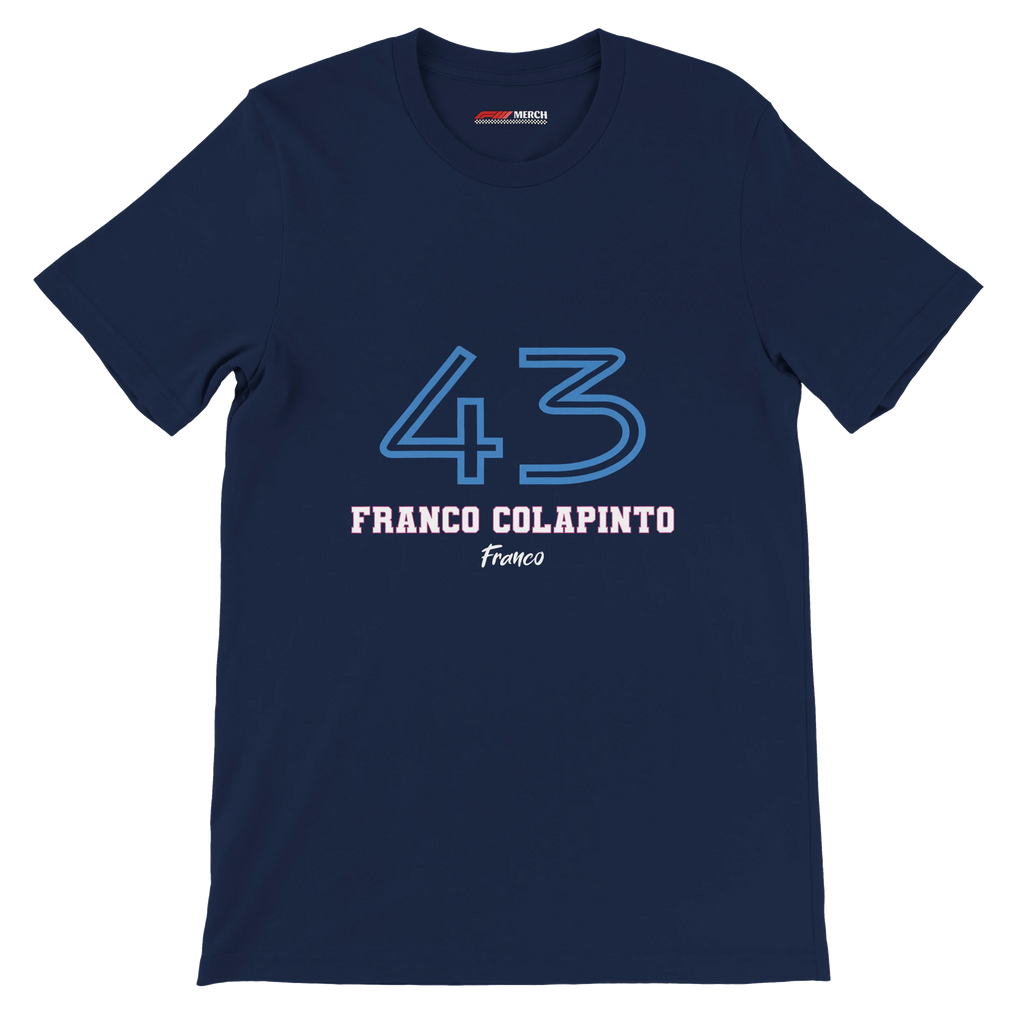 f111 merch navy color t-shirt1 with franco-colapinto branding.