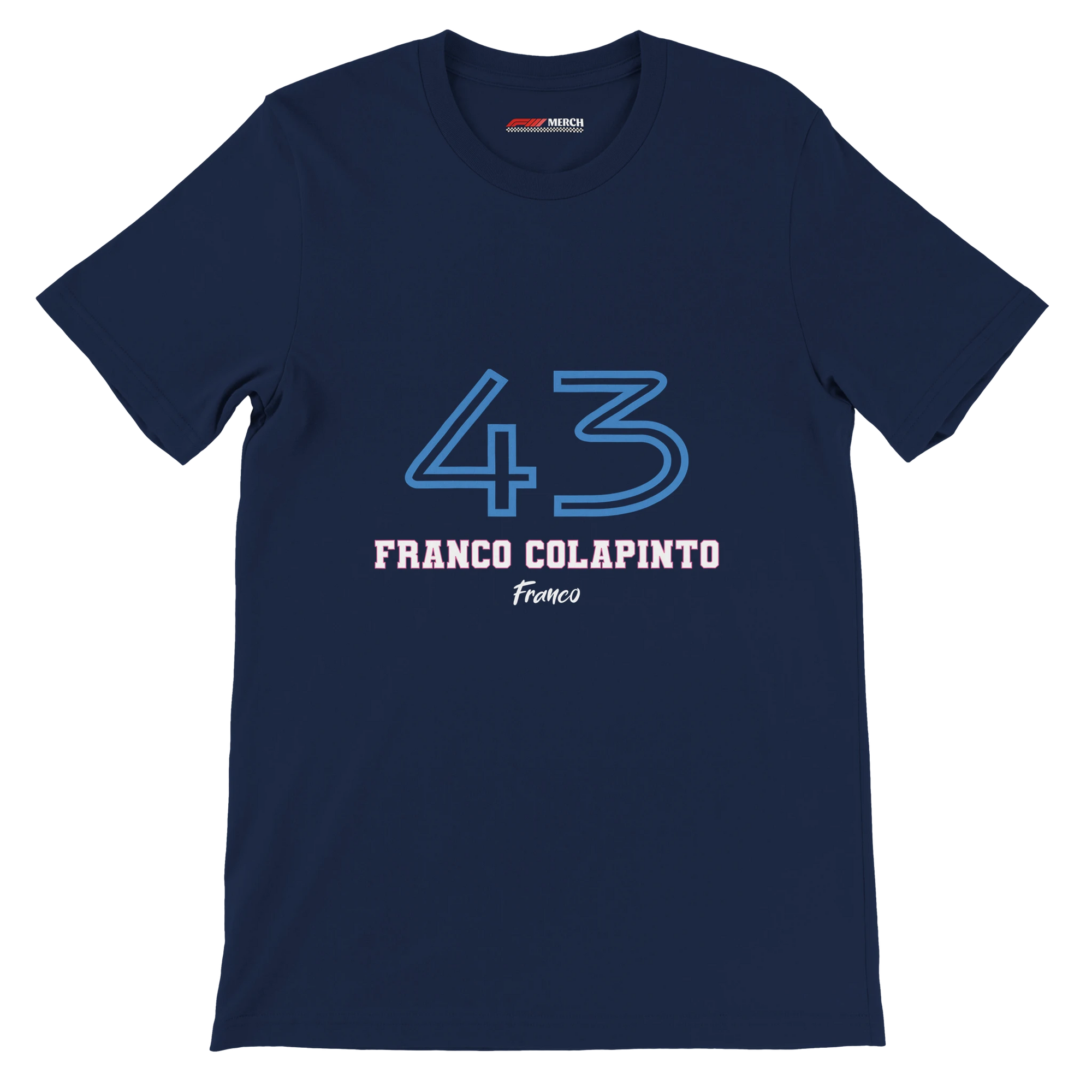 f111 merch navy color t-shirt1 with franco-colapinto branding.