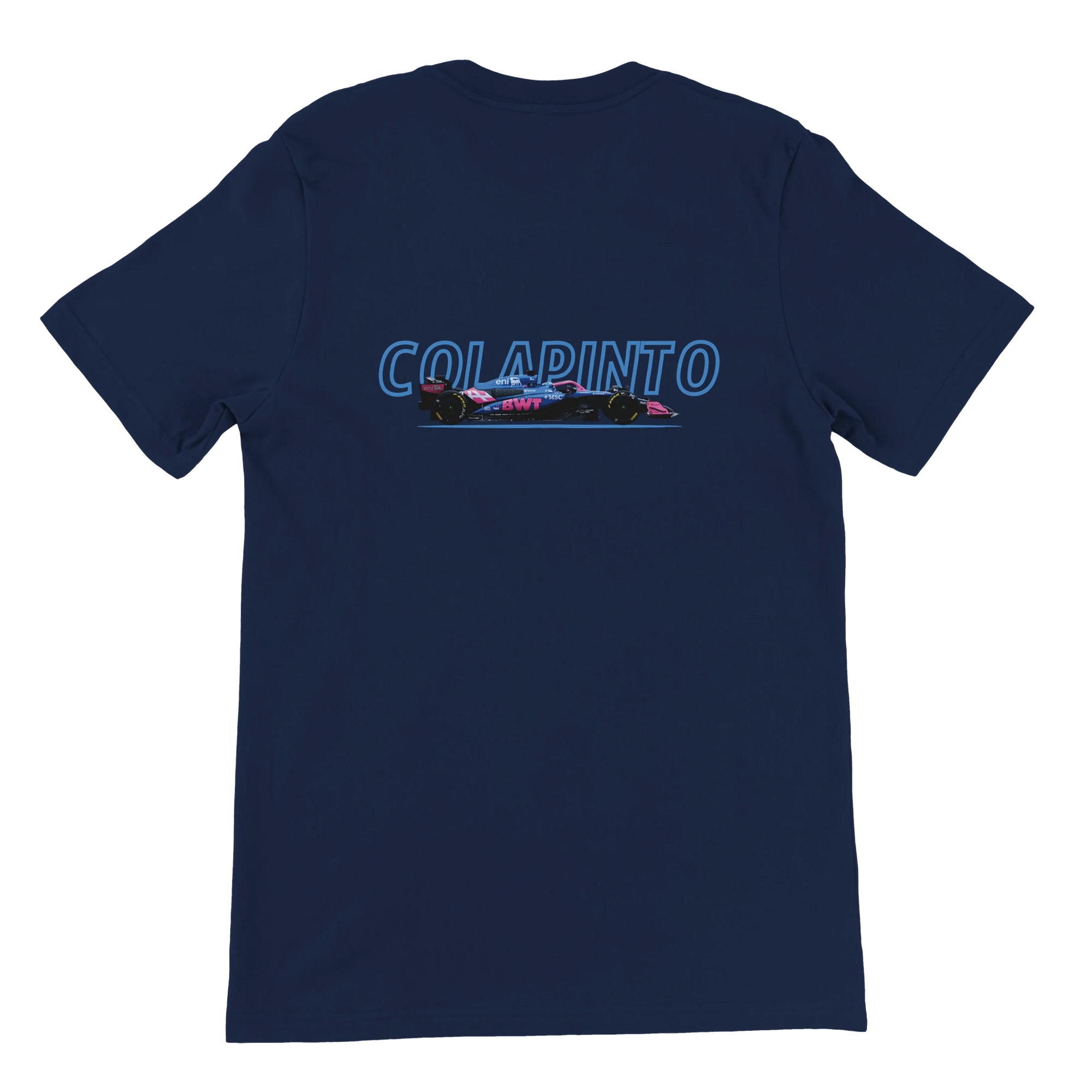 f111 merch navy color t-shirt1 with franco-colapinto branding.