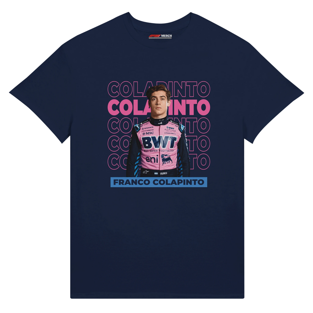 f111 merch navy color t-shirt1 with franco-colapinto branding.