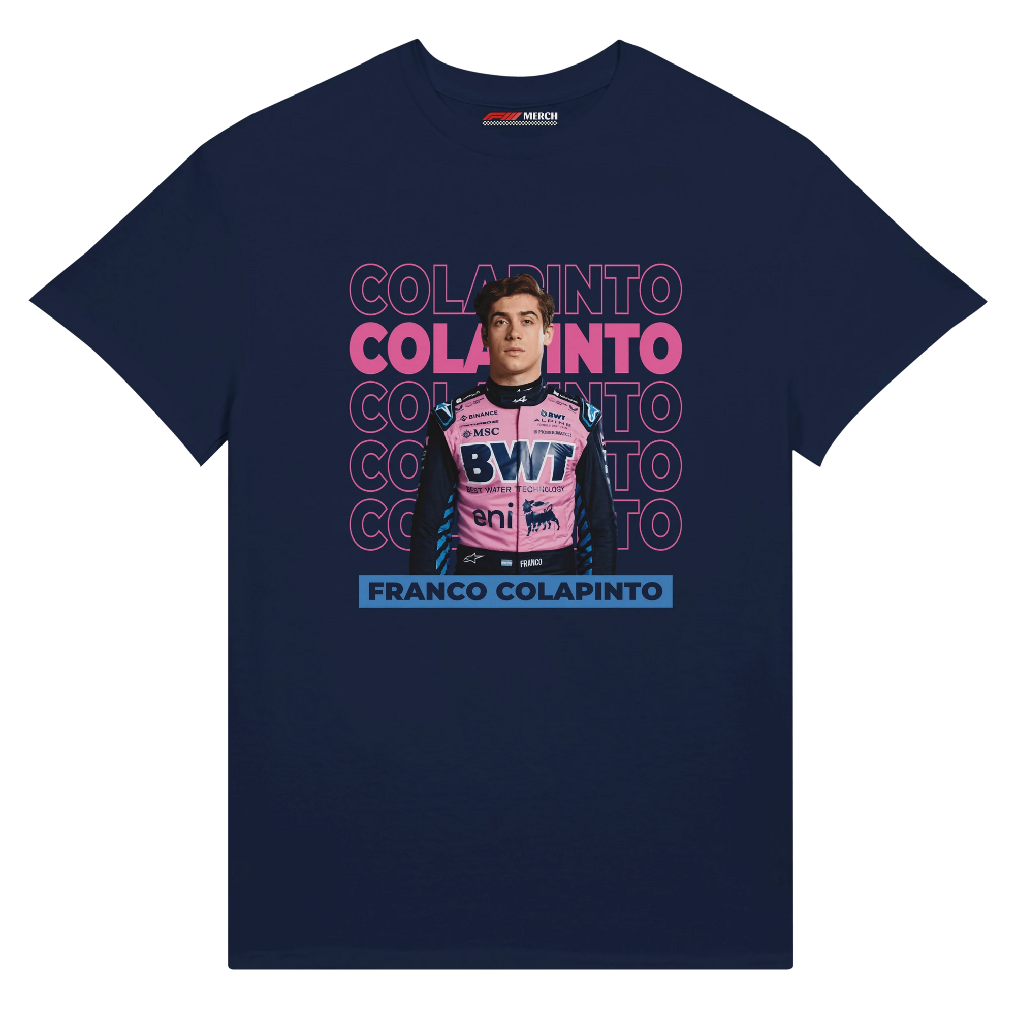 f111 merch navy color t-shirt1 with franco-colapinto branding.