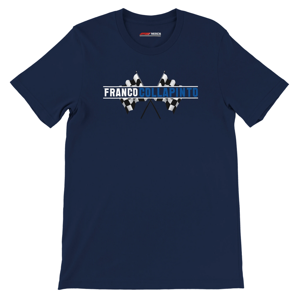 f111 merch navy color t-shirt1 with franco-colapinto branding.