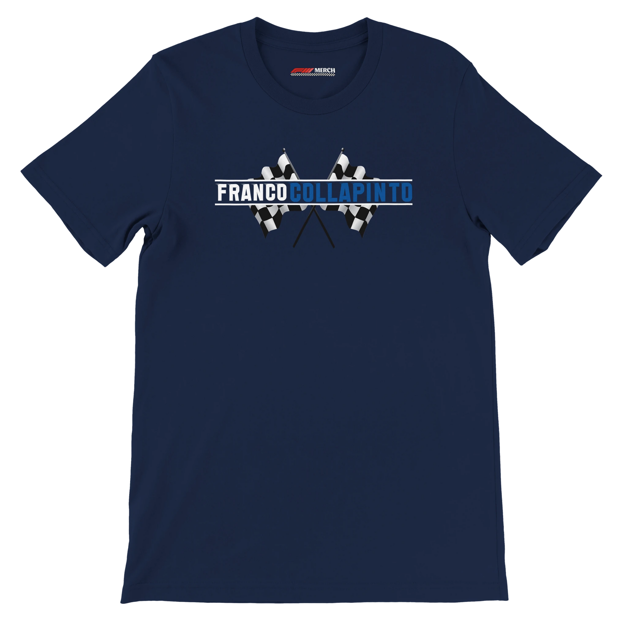 f111 merch navy color t-shirt1 with franco-colapinto branding.