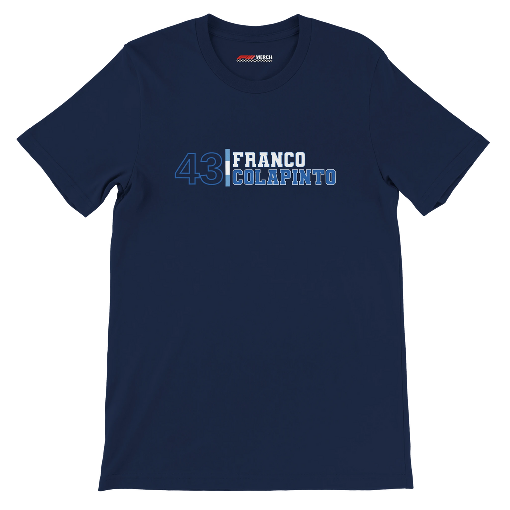 f111 merch navy color t-shirt1 with franco-colapinto branding.