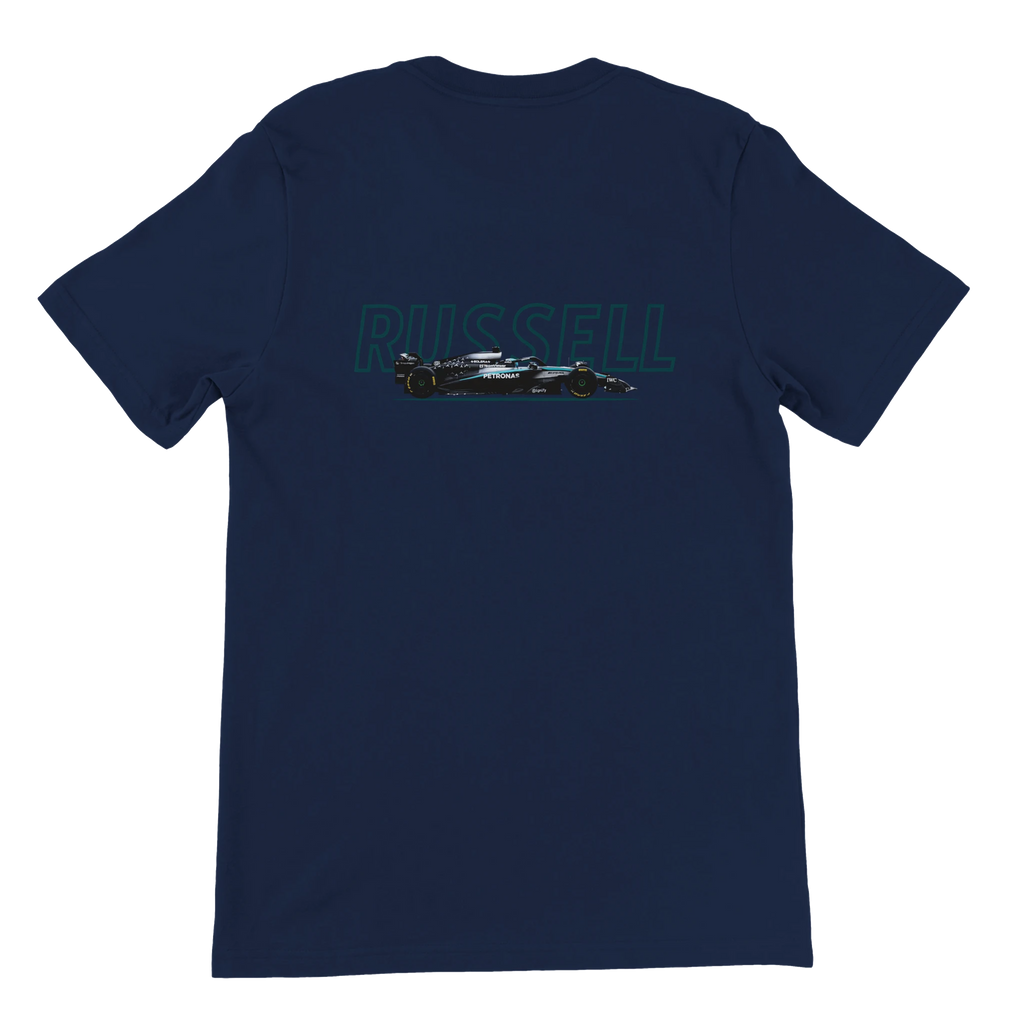 f111 merch navy color t-shirt1 with george-russell branding.
