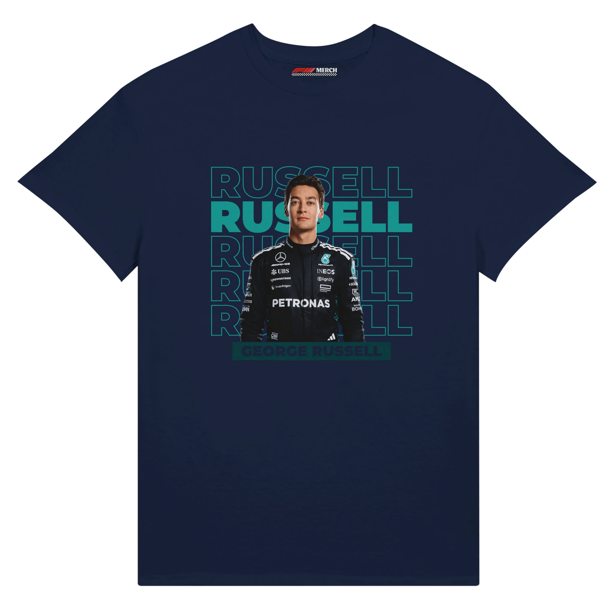 f111 merch navy color t-shirt1 with george-russell branding.