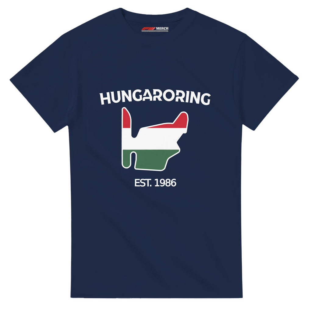 f111 merch navy color t-shirt1 with hungaroring branding.