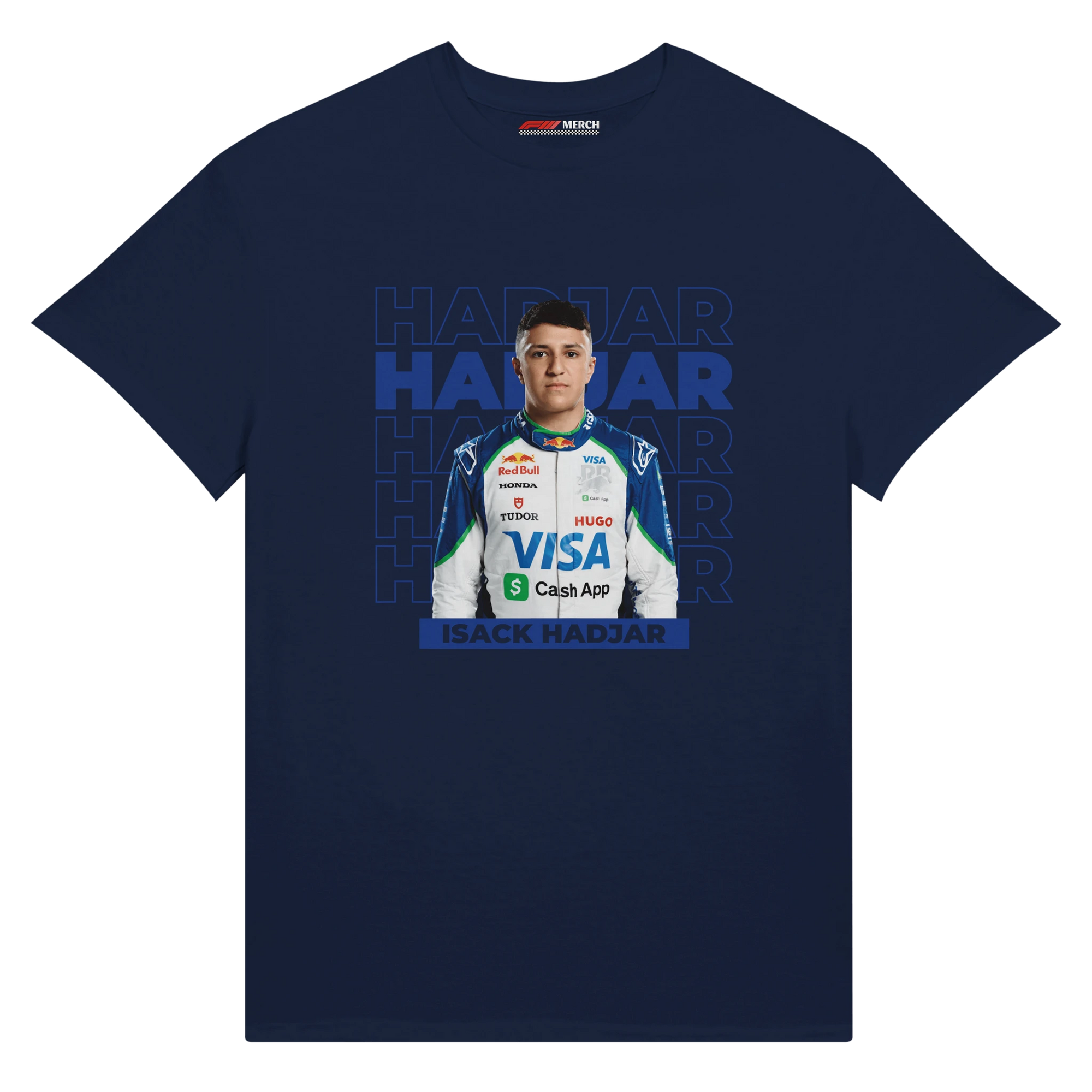 f111 merch navy color t-shirt1 with isack-hadjar branding.