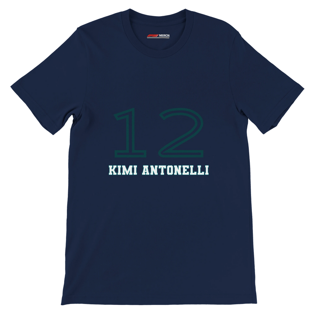 f111 merch navy color t-shirt1 with kimi-antonelli branding.