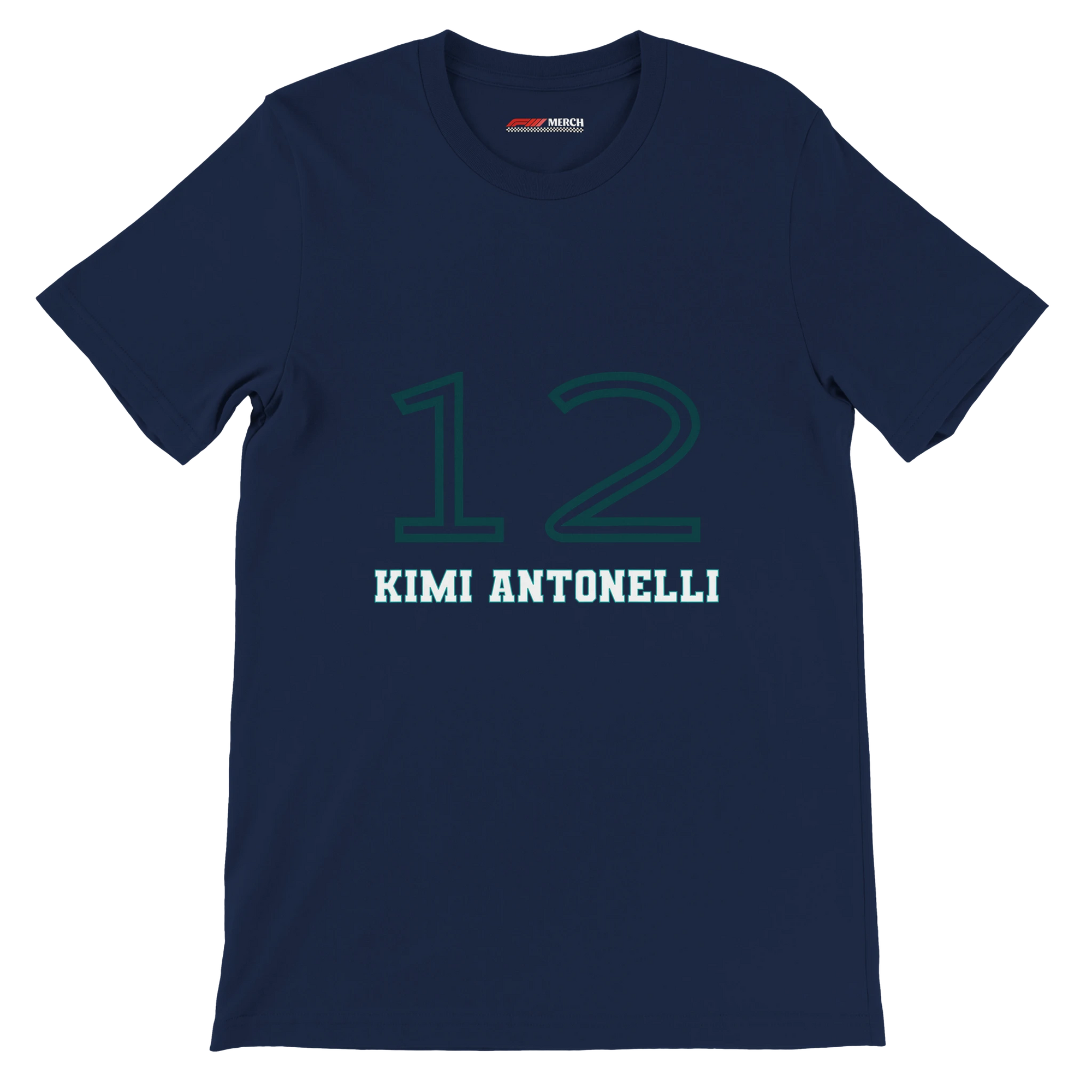 f111 merch navy color t-shirt1 with kimi-antonelli branding.