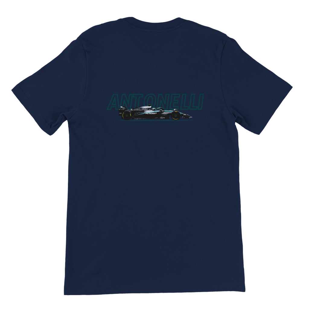 f111 merch navy color t-shirt1 with kimi-antonelli branding.