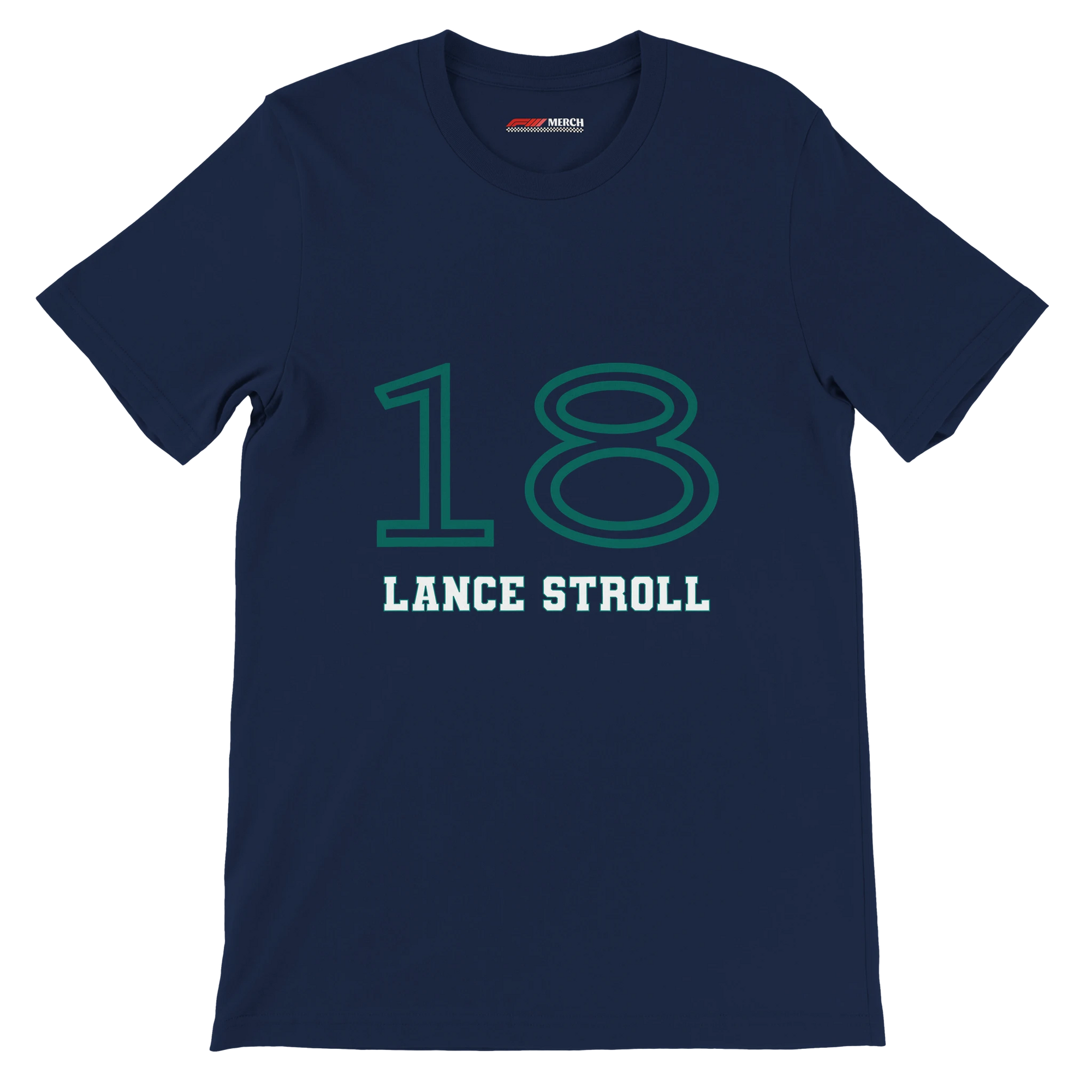 f111 merch navy color t-shirt1 with lance-stroll branding.