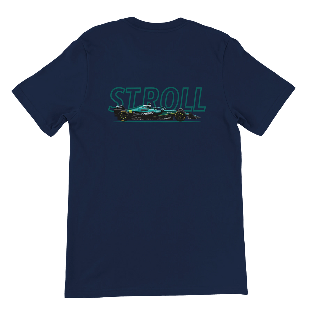 f111 merch navy color t-shirt1 with lance-stroll branding.