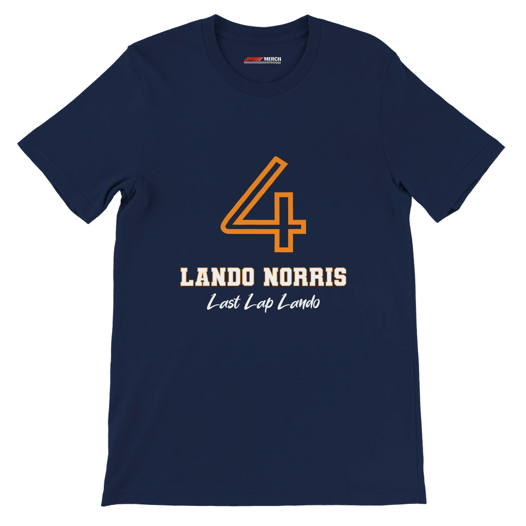 f111 merch navy color t-shirt1 with lando-norris branding.