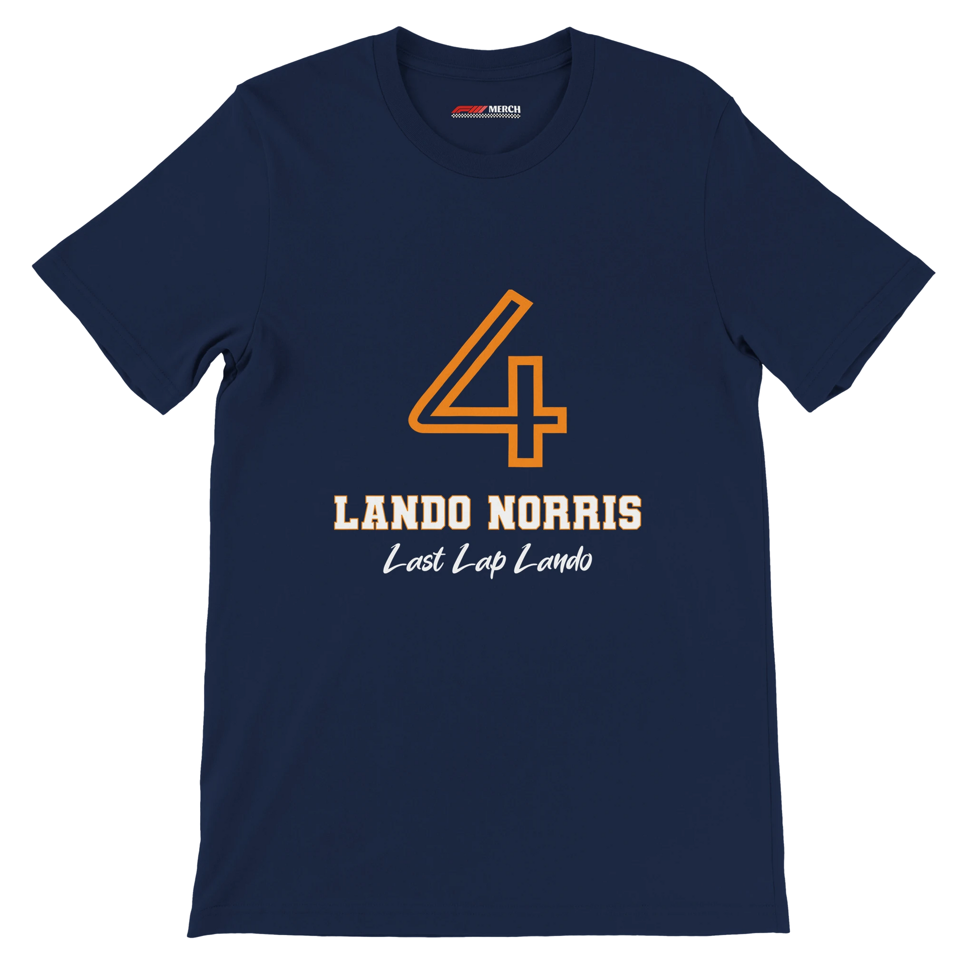 f111 merch navy color t-shirt1 with lando-norris branding.