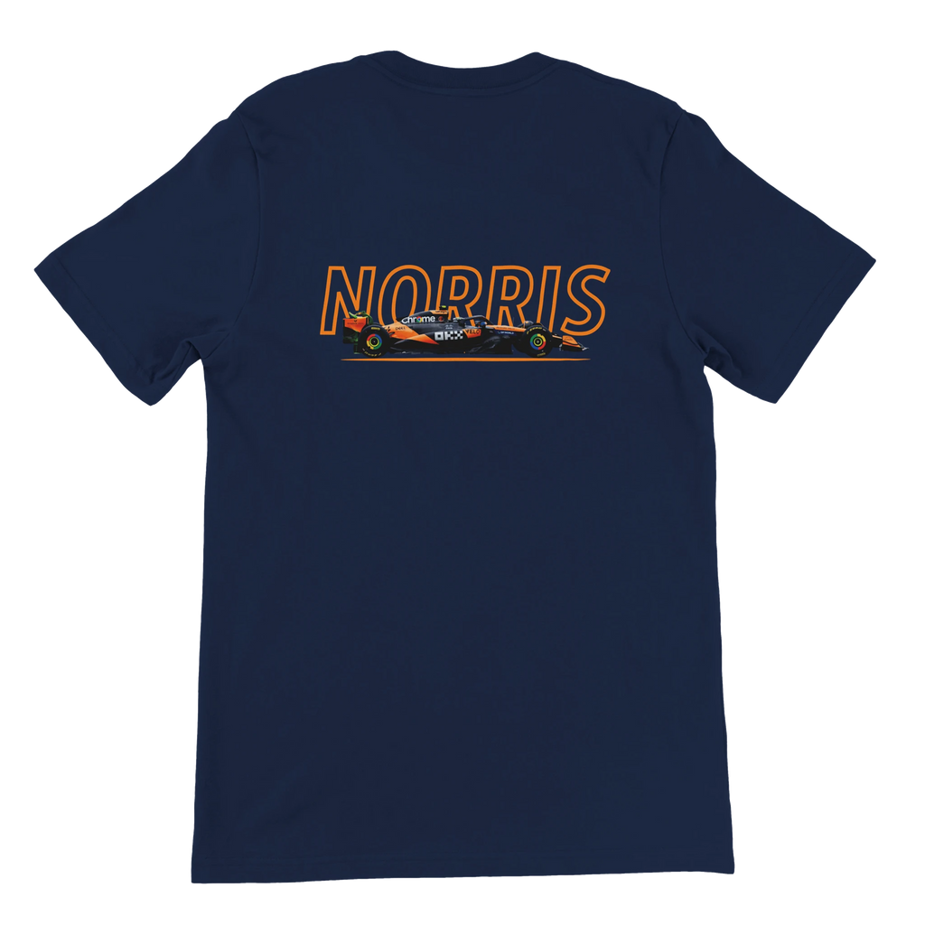 f111 merch navy color t-shirt1 with lando-norris branding.