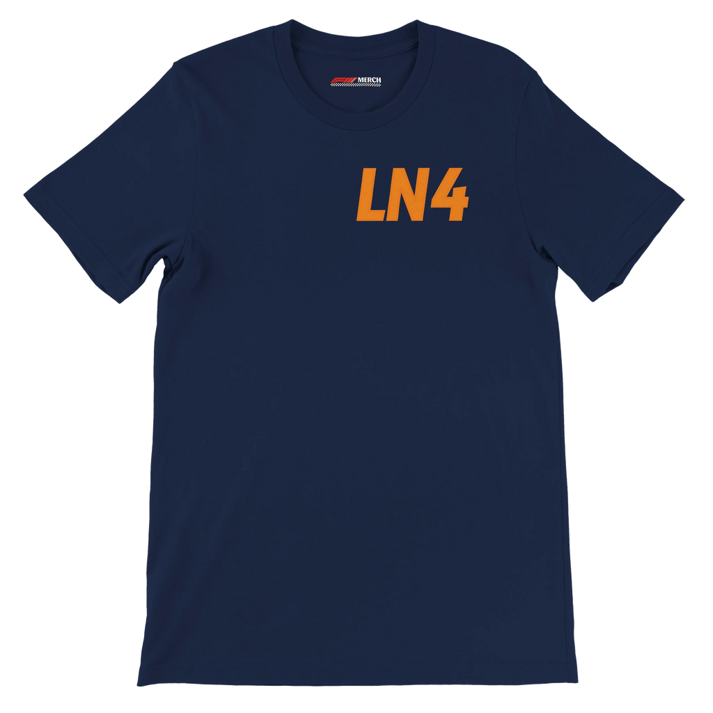 f111 merch navy color t-shirt1 with lando-norris branding.