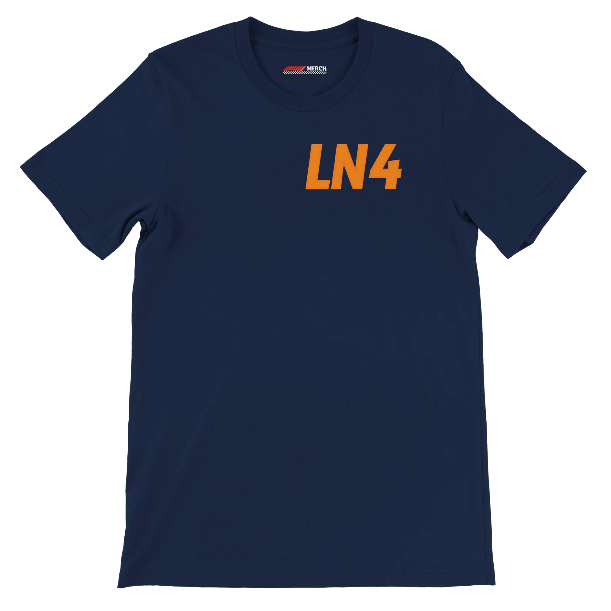 f111 merch navy color t-shirt1 with lando-norris branding.