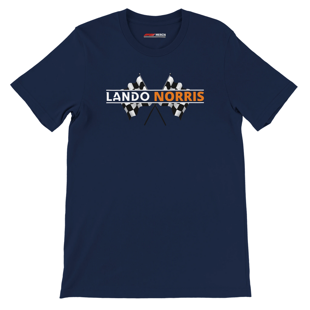 f111 merch navy color t-shirt1 with lando-norris branding.