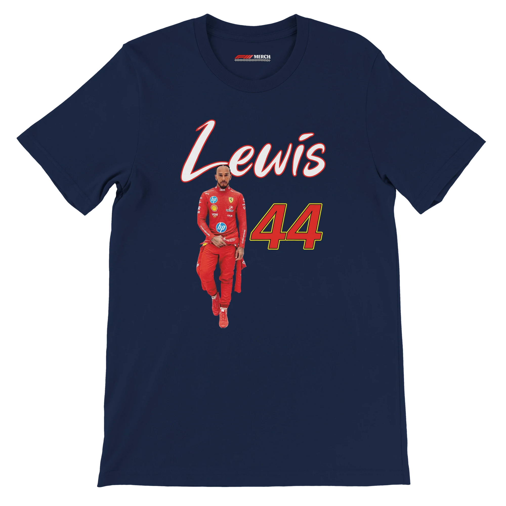 f111 merch navy color t-shirt1 with lewis-hamilton branding.