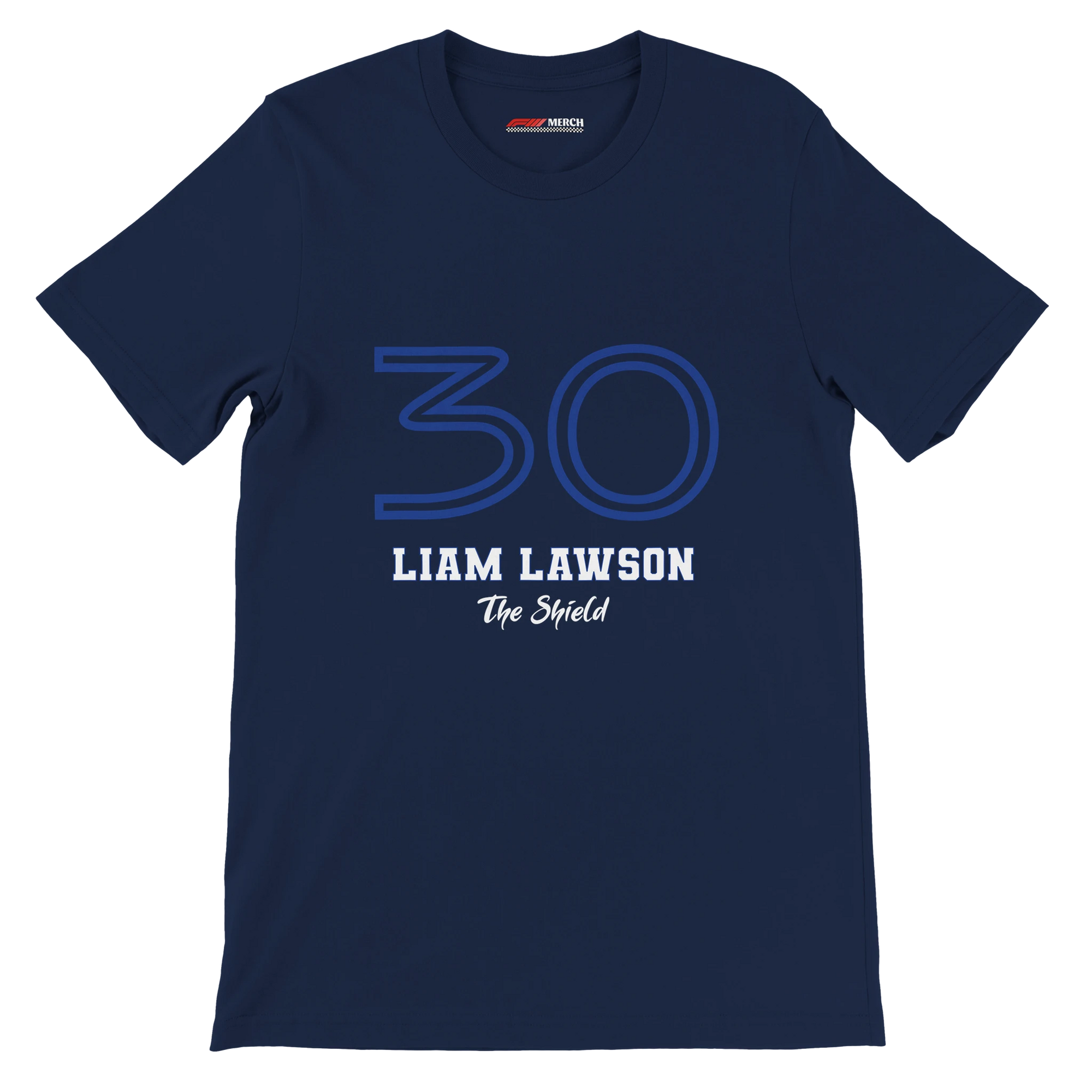 f111 merch navy color t-shirt1 with liam-lawson branding.