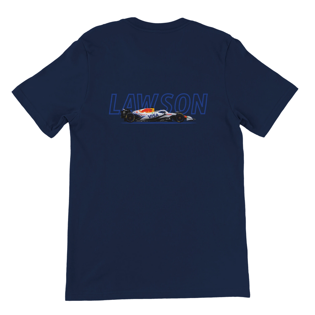 f111 merch navy color t-shirt1 with liam-lawson branding.