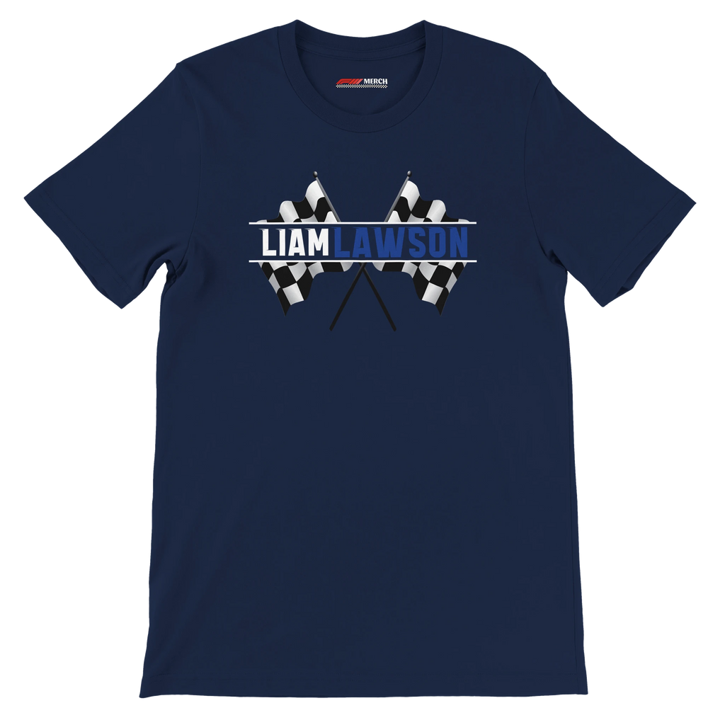 f111 merch navy color t-shirt1 with liam-lawson branding.