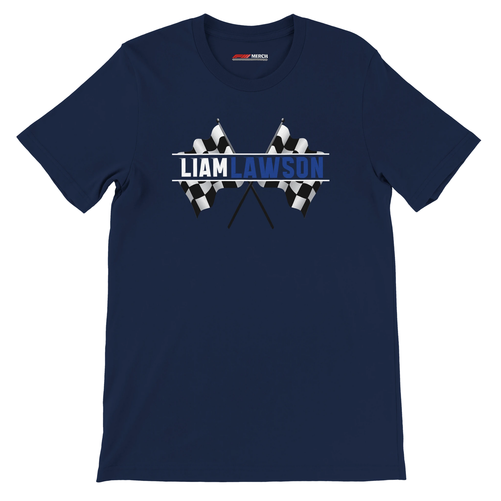 f111 merch navy color t-shirt1 with liam-lawson branding.