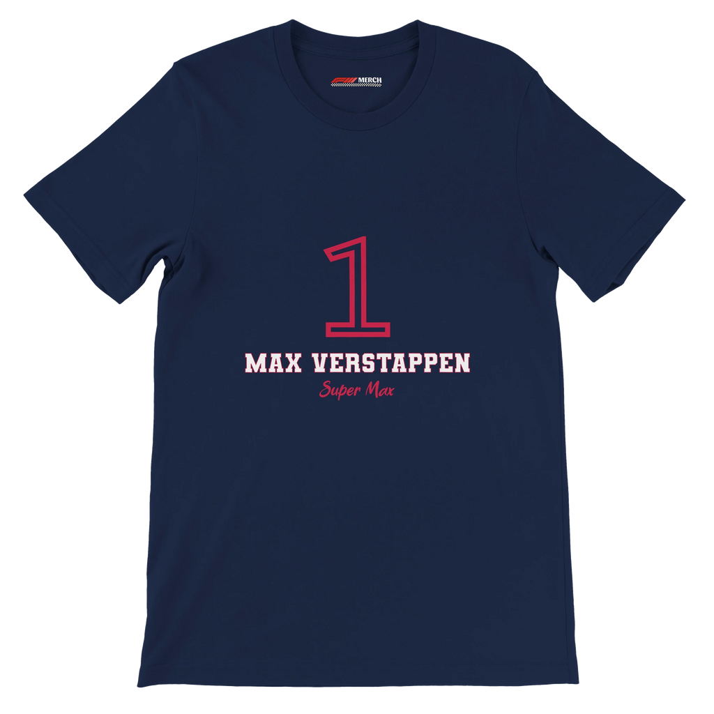 f111 merch navy color t-shirt1 with max-verstappen branding.
