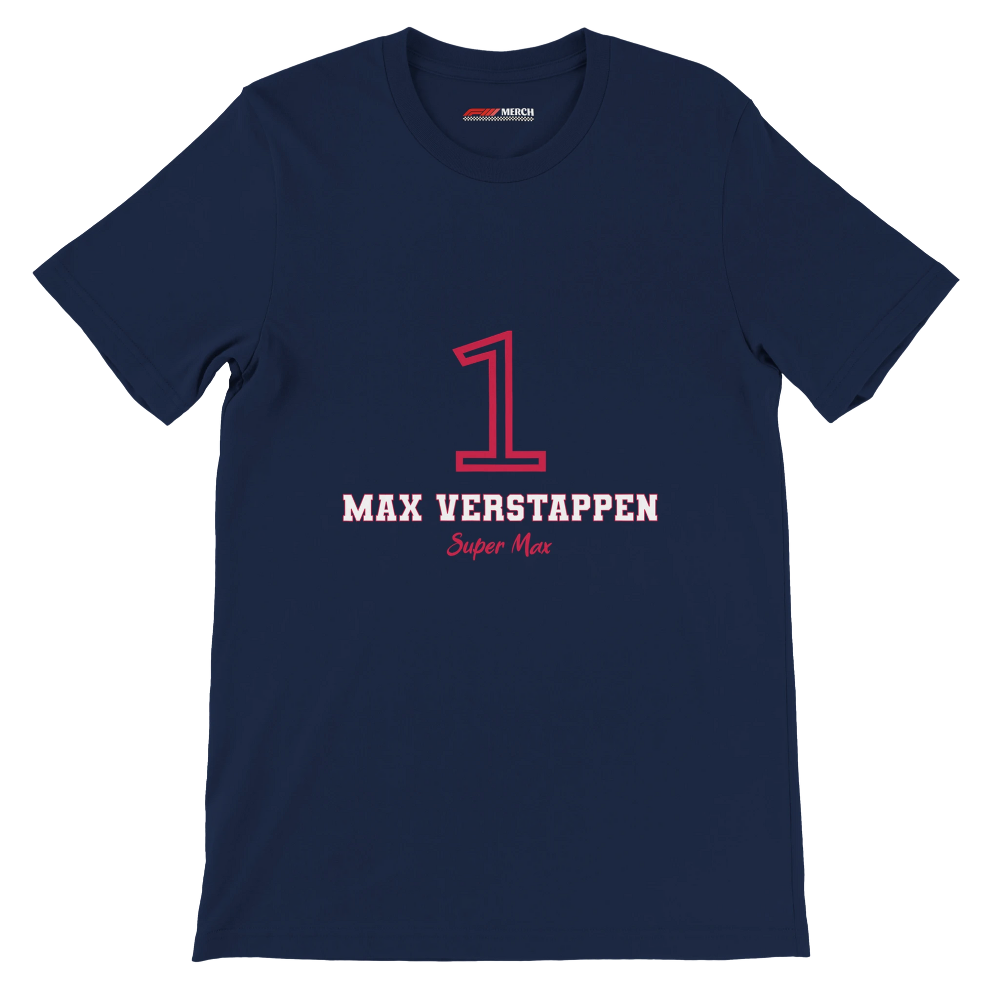 f111 merch navy color t-shirt1 with max-verstappen branding.