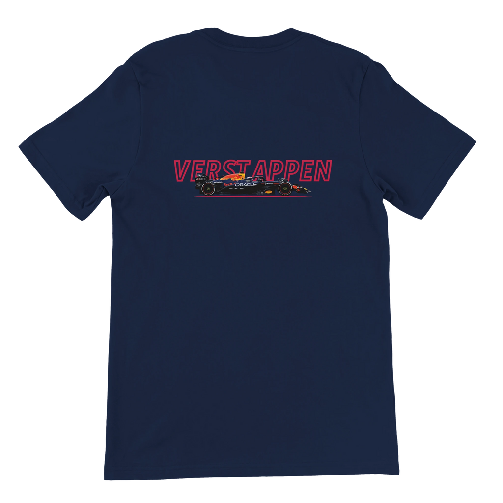f111 merch navy color t-shirt1 with max-verstappen branding.