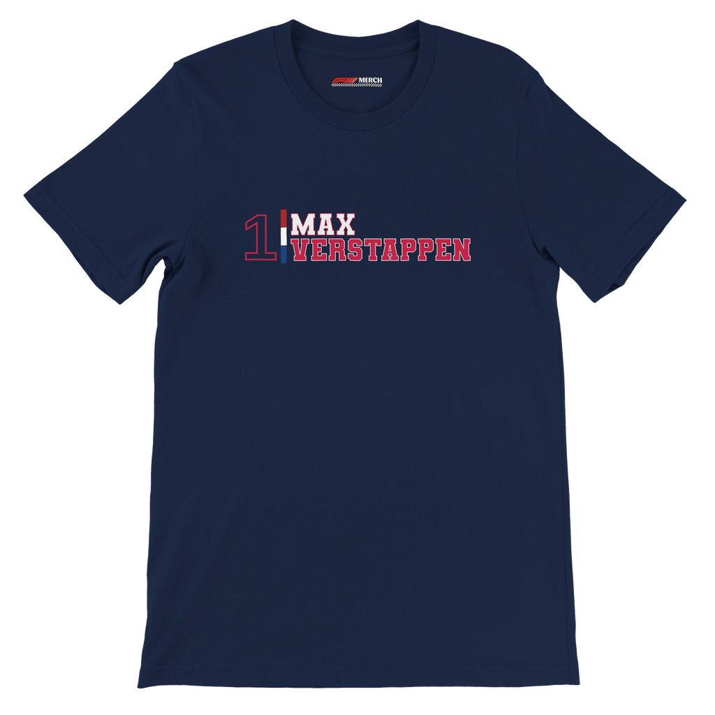 f111 merch navy color t-shirt1 with max-verstappen branding.