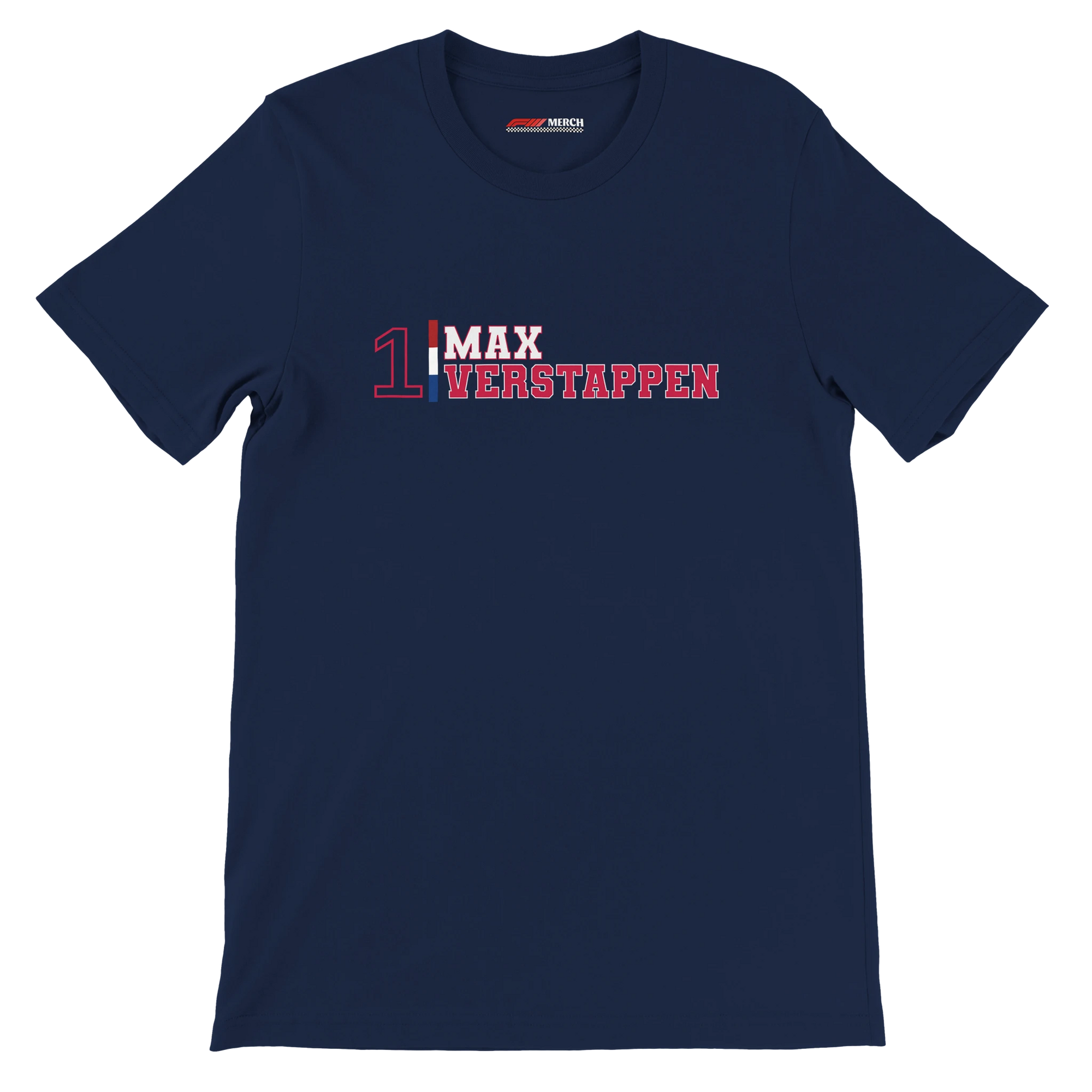 f111 merch navy color t-shirt1 with max-verstappen branding.