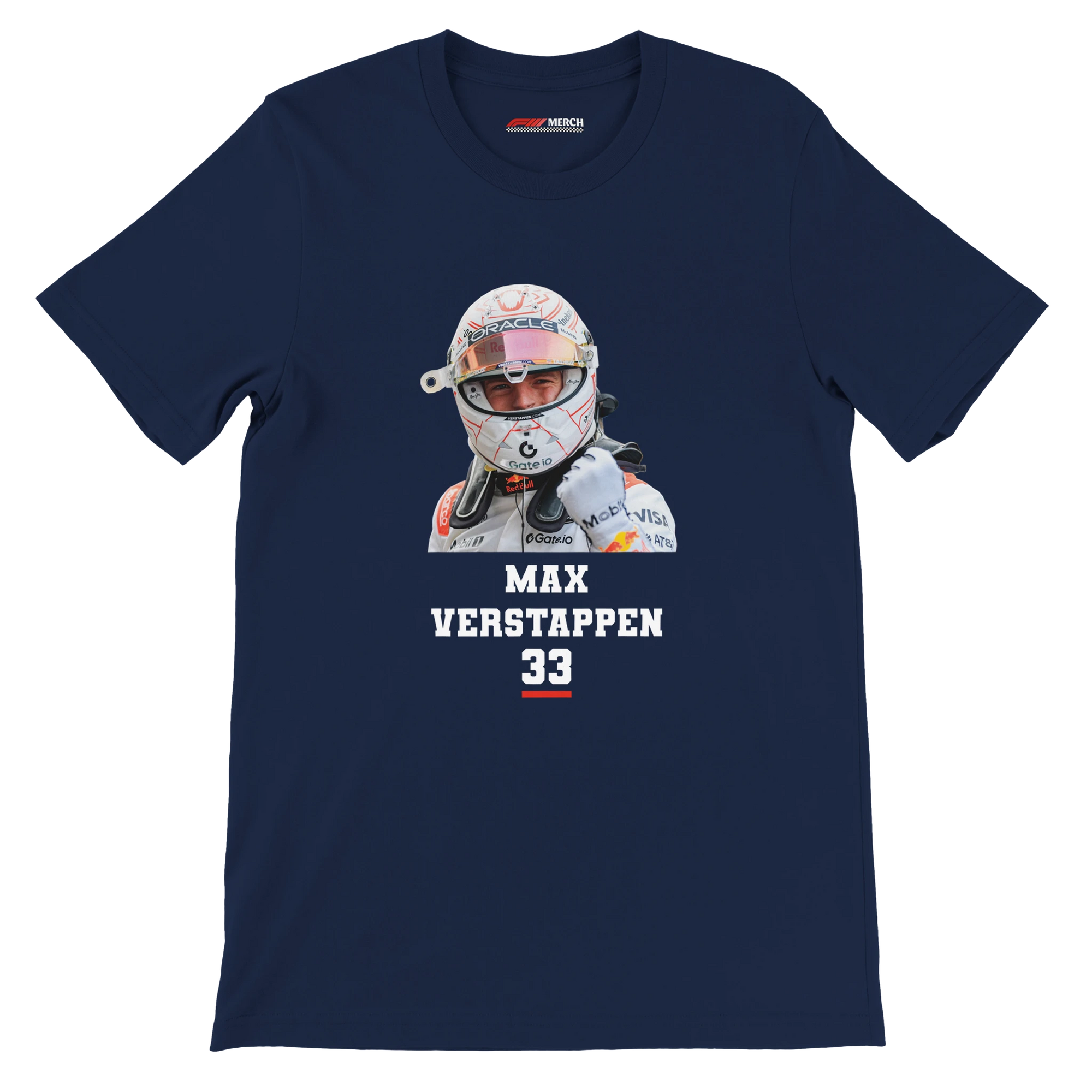 f111 merch navy color t-shirt1 with max-verstappen branding.
