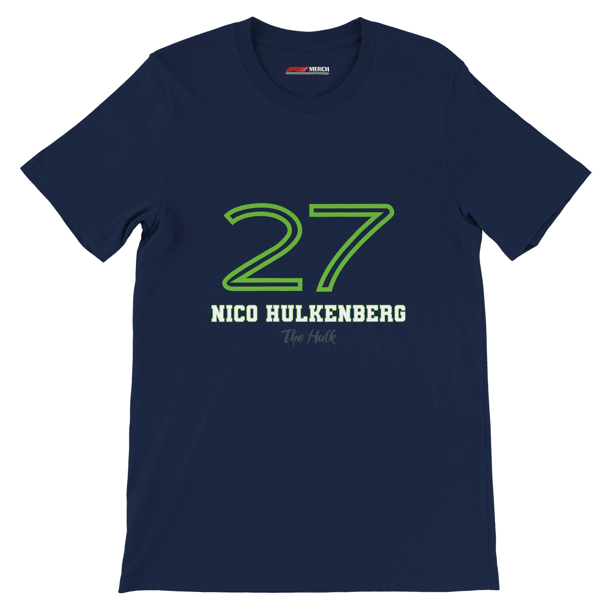 f111 merch navy color t-shirt1 with nico-hulkenberg branding.