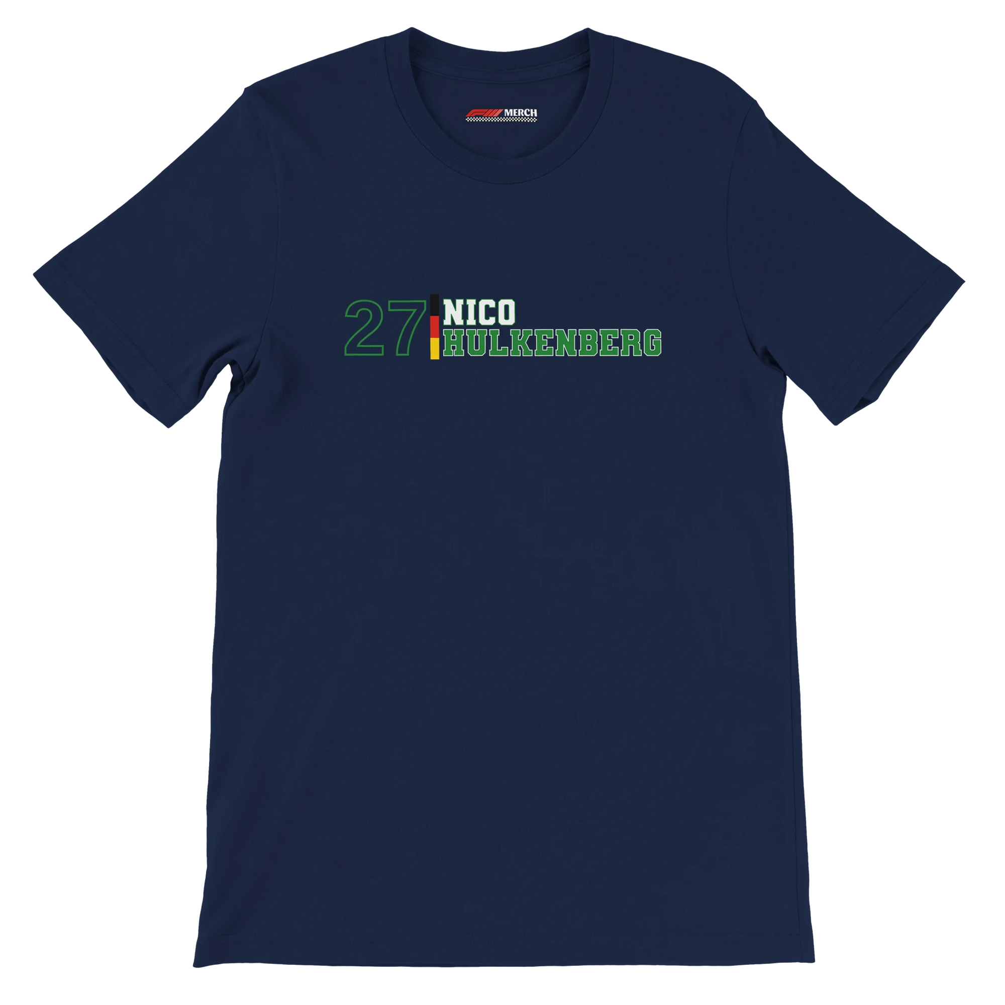 f111 merch navy color t-shirt1 with nico-hulkenberg branding.