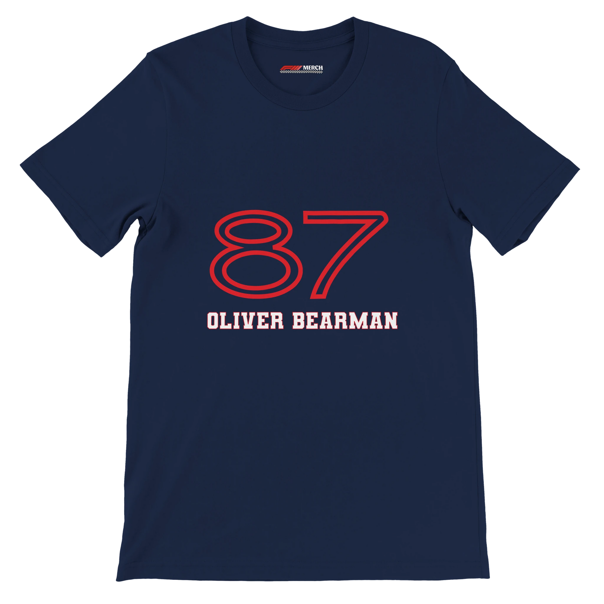 f111 merch navy color t-shirt1 with oliver-bearman branding.