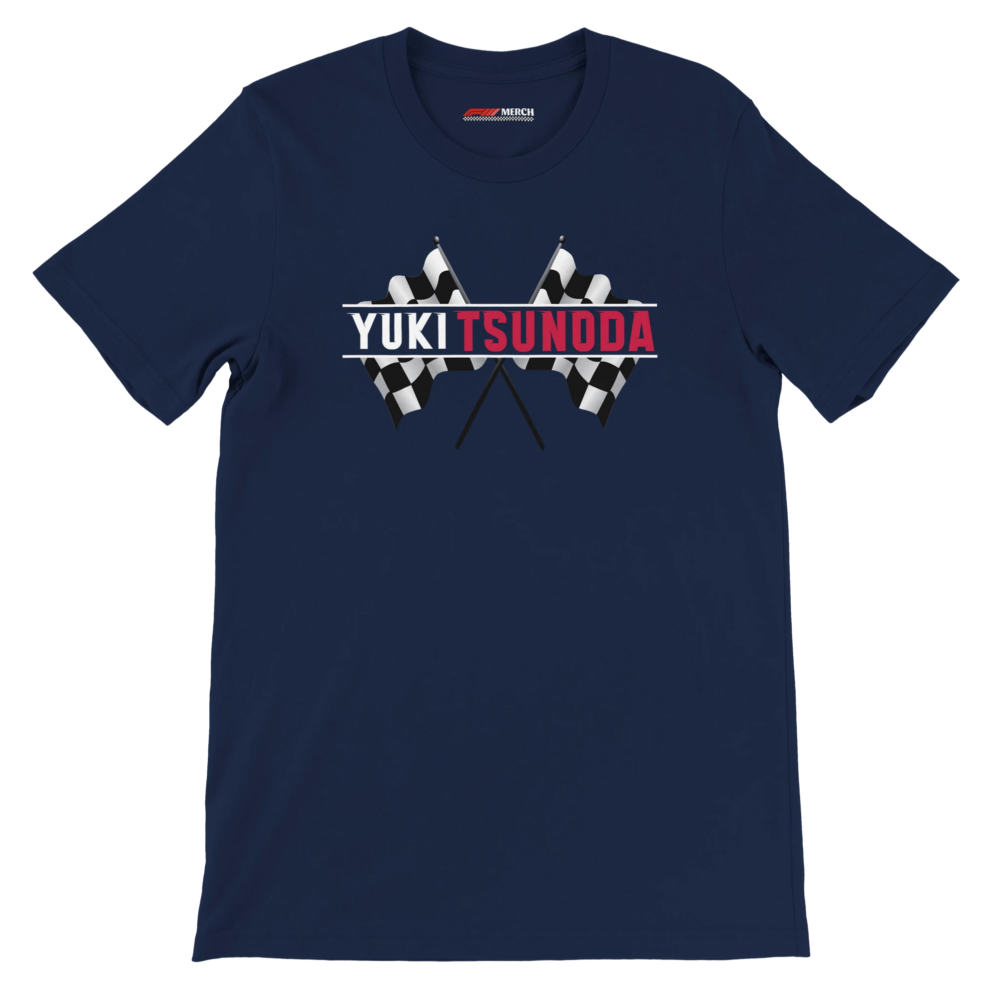 f111 merch navy color t-shirt1 with yuki-tsunoda branding.