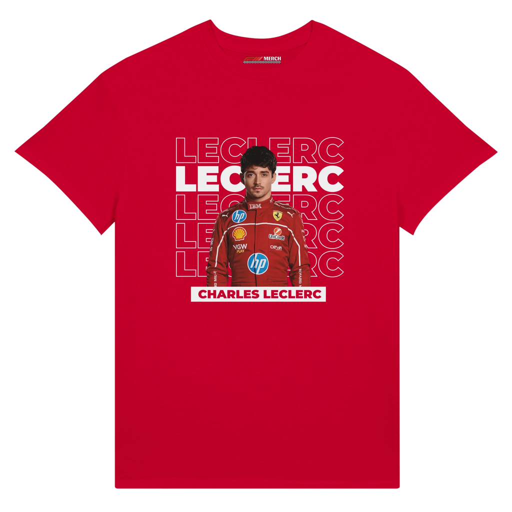 f111 merch red color t-shirt1 with charles-leclerc branding.