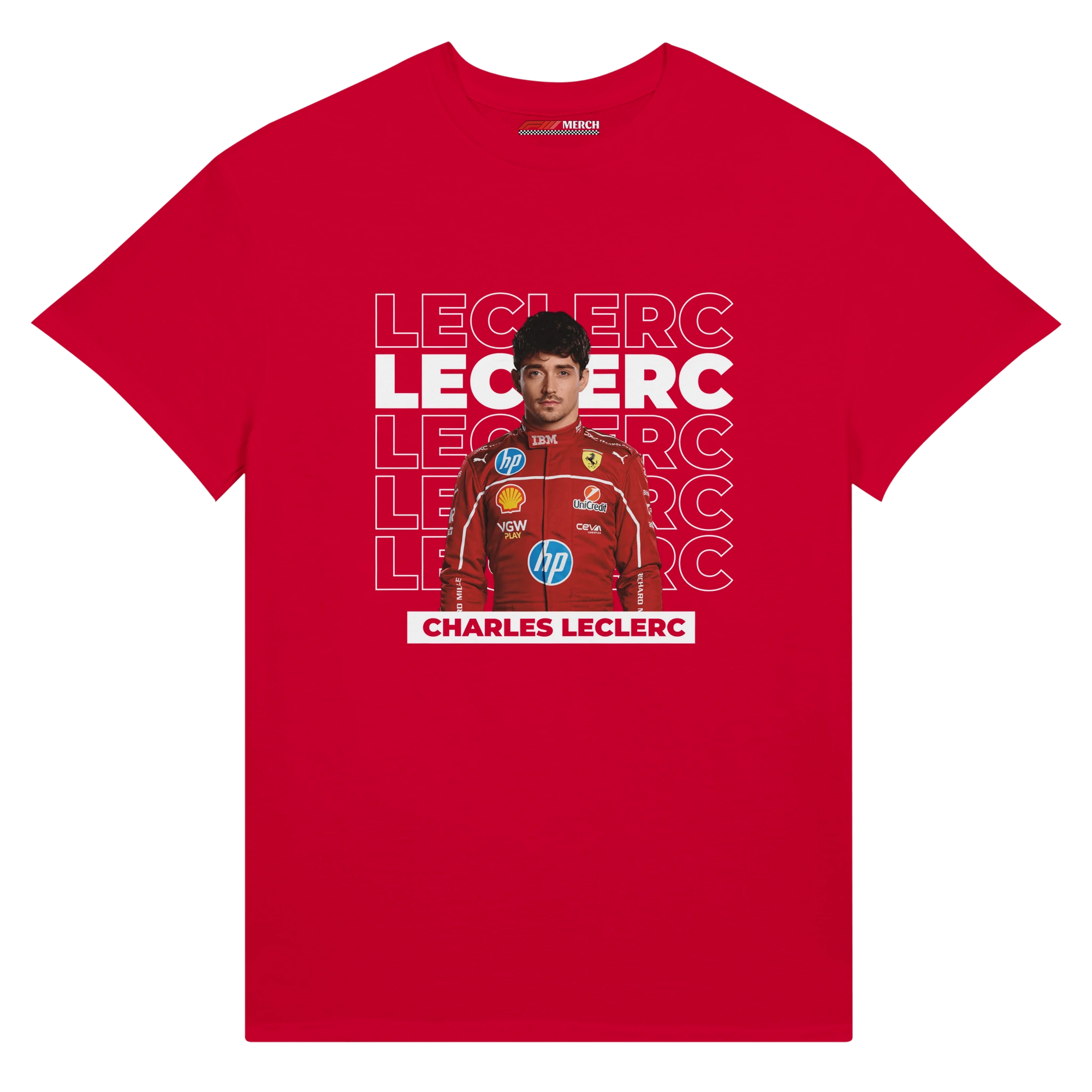 f111 merch red color t-shirt1 with charles-leclerc branding.