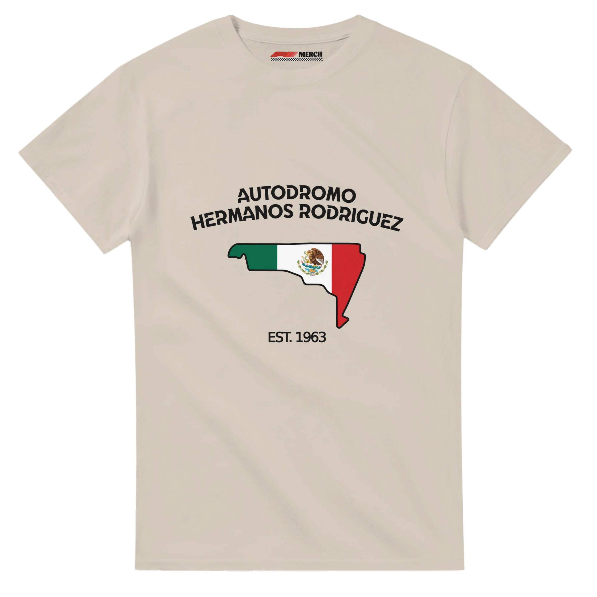 f111 merch sand color t-shirt1 with autodromo-hermanos-rodriguez branding.