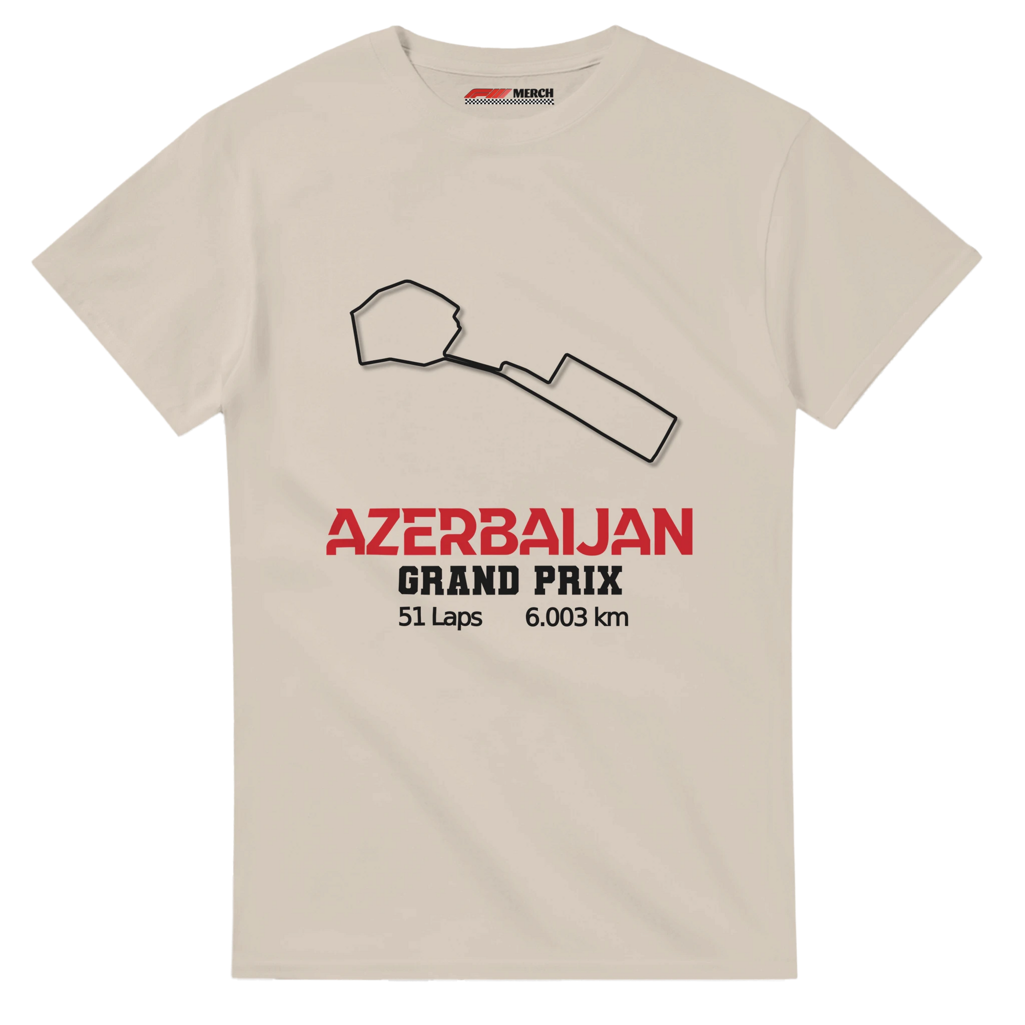 f111 merch sand color t-shirt1 with azerbaijan-grand-prix branding.