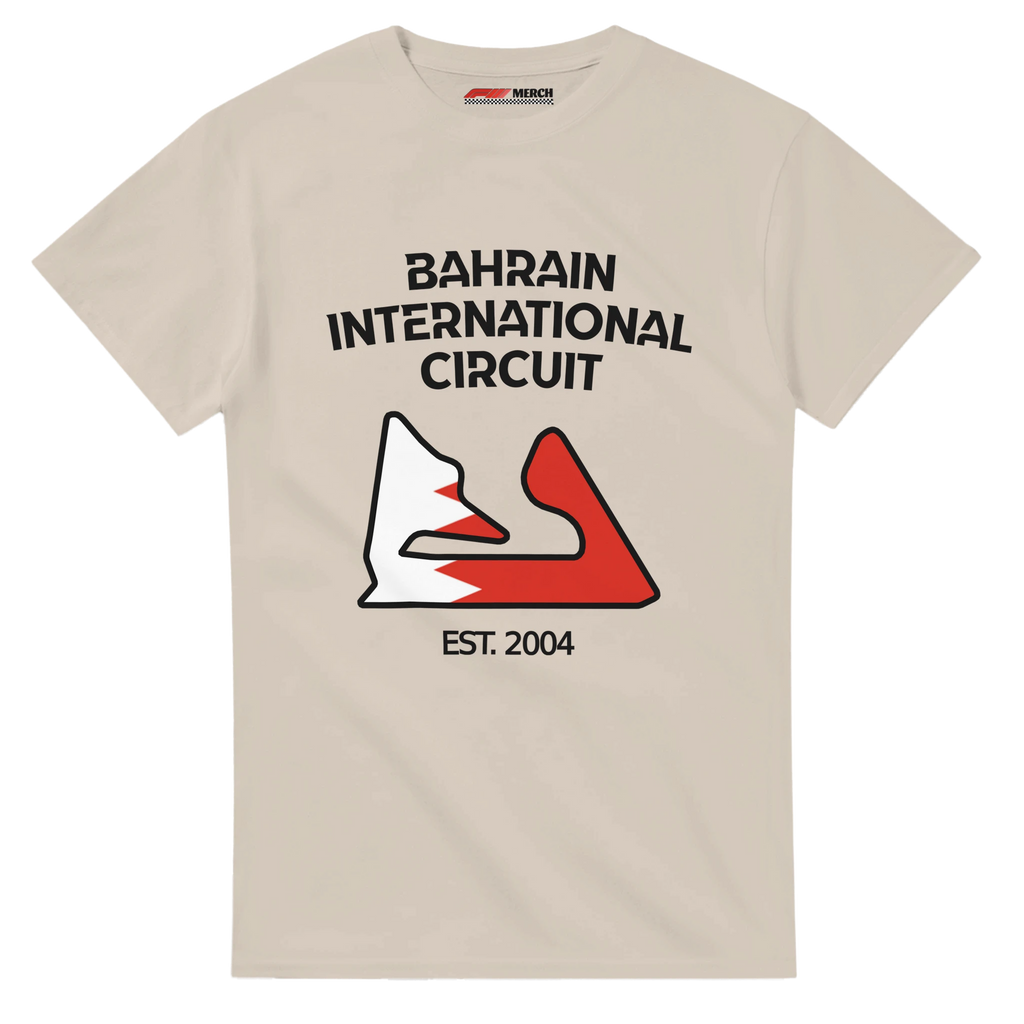 f111 merch sand color t-shirt1 with bahrain-international-circuit branding.