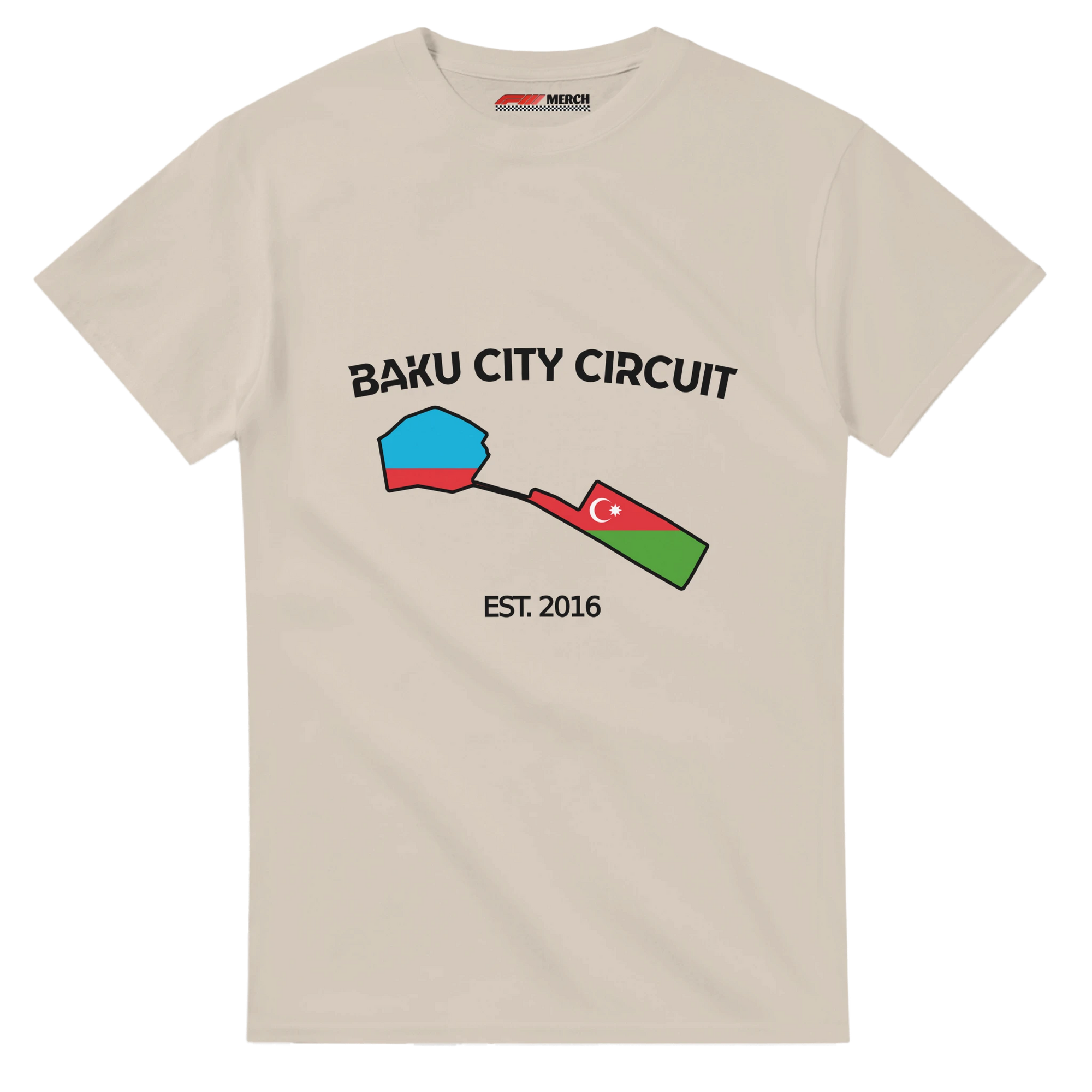f111 merch sand color t-shirt1 with baku-city-circuit branding.